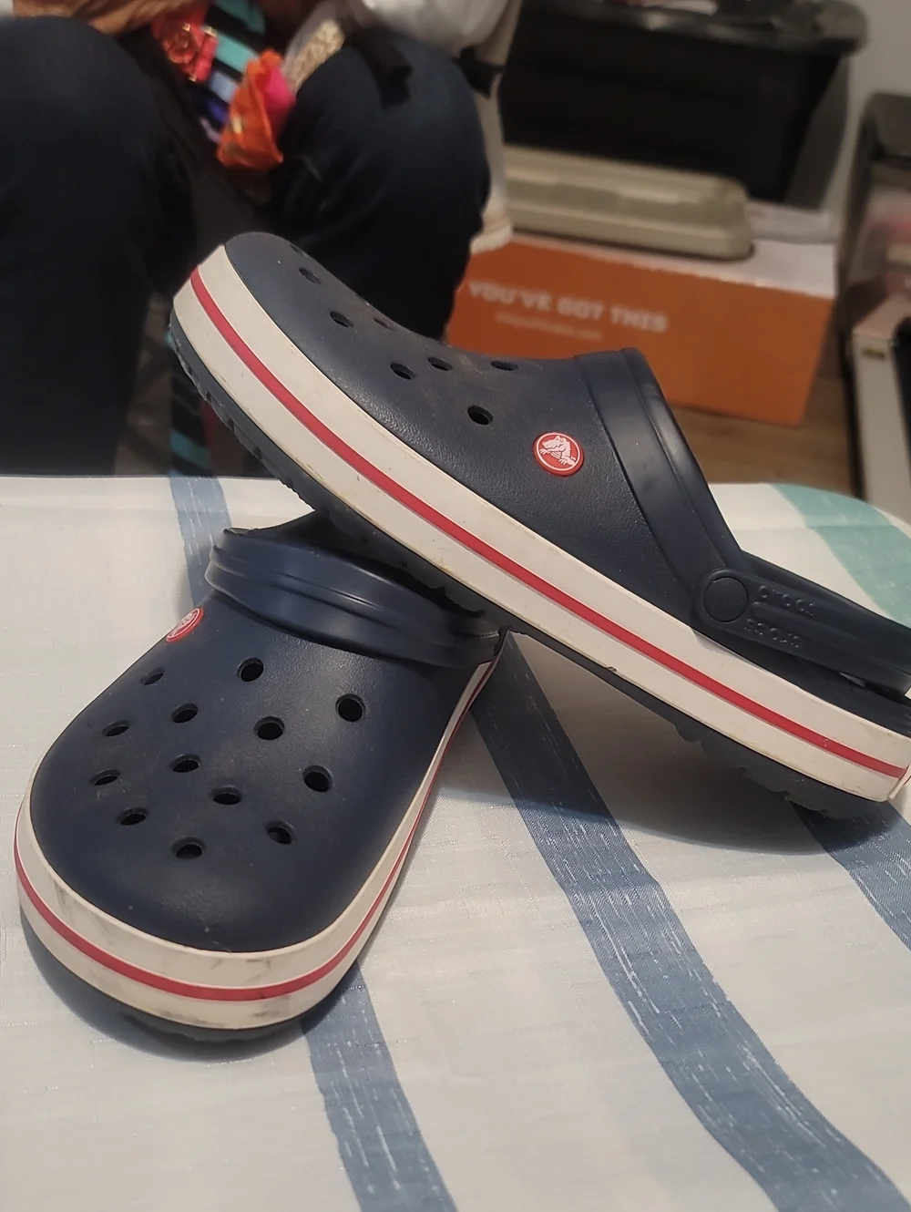 CROCS Kids Navy Clogs with Red and White Stripe
